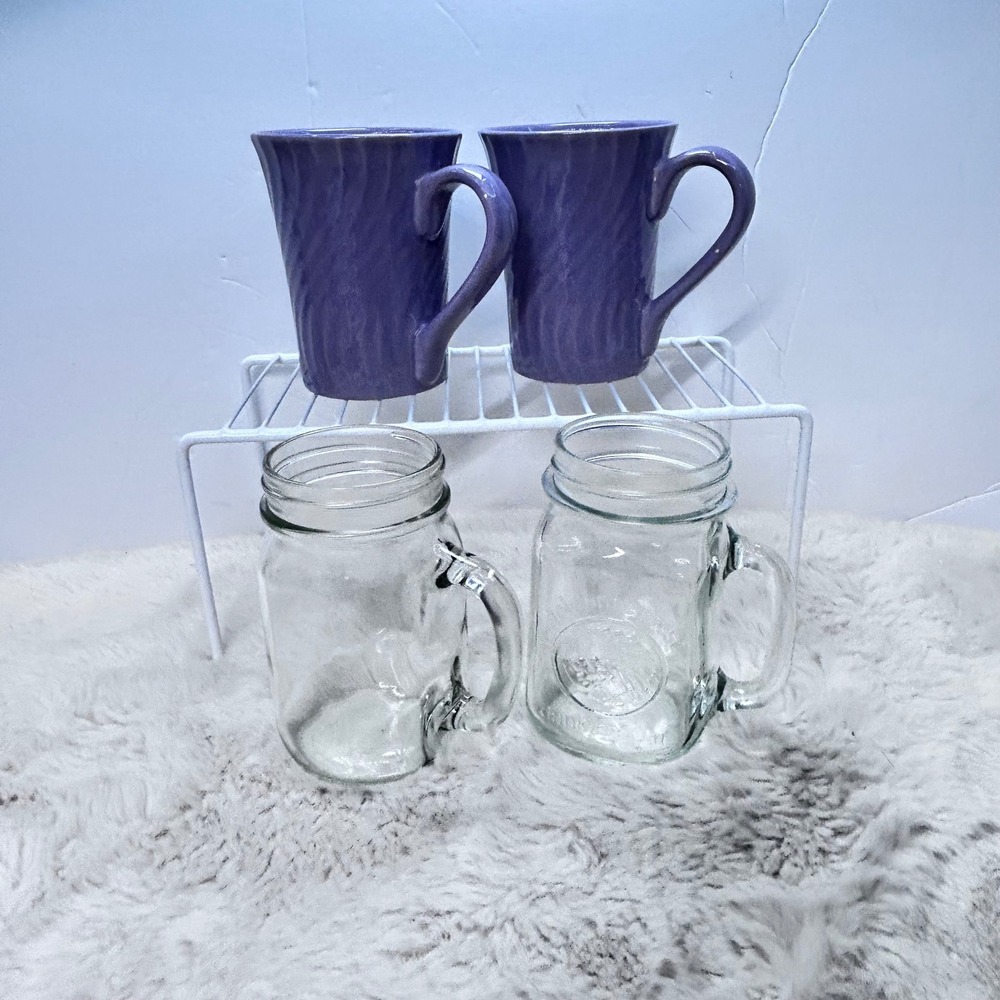 Purple Texture Coffee Mugs & Clear Glass Mason Jar Mug Set of 4